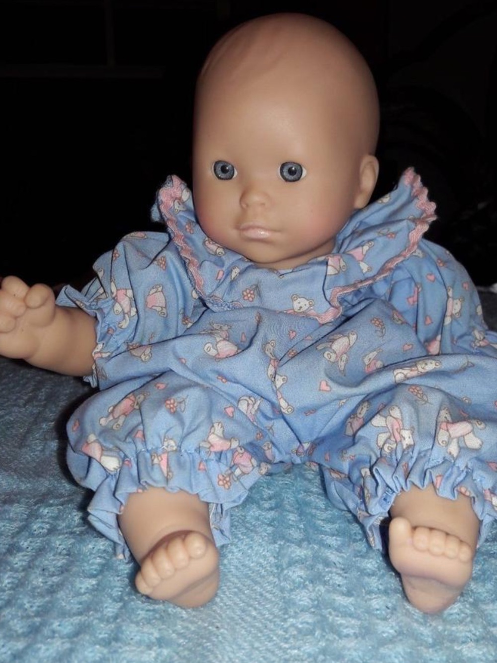 1996 Mattel Snookums bean-bag baby doll, and the blue teddy-bear outfit